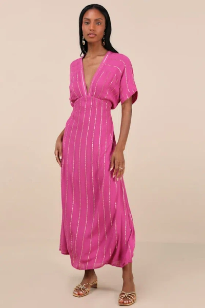 Lulus Goddess Vibes Magenta Gold Striped Dolman Sleeve Maxi Dress