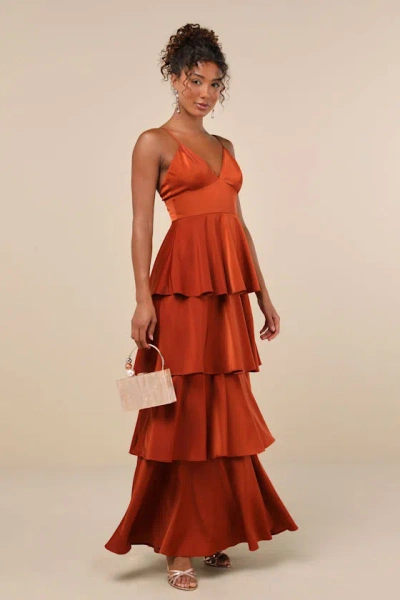 Lulus Going With Elegance Rust Brown Satin Tiered Gown