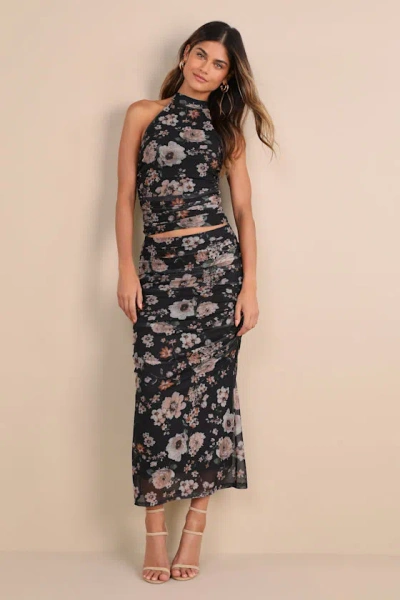 Lulus Gorgeous Admiration Black Floral Mesh Ruched Midi Skirt