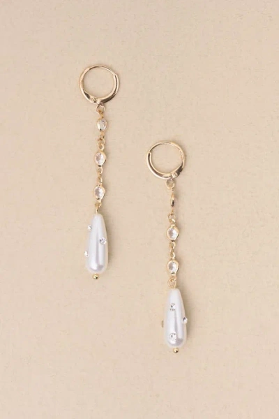 Lulus Gorgeous Always Gold Rhinestone Pearl Drop Earrings