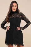 Lulus Gorgeous Attraction Black Lace Structured Long Sleeve Mini Dress In Black