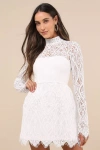 Lulus Gorgeous Attraction White Lace Structured Long Sleeve Mini Dress In White