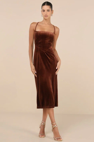 Lulus Gorgeous Composure Brown Velvet Lace-up Sleeveless Midi Dress