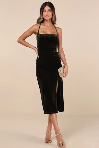 Lulus Gorgeous Composure Olive Velvet Lace-up Sleeveless Midi Dress In Green