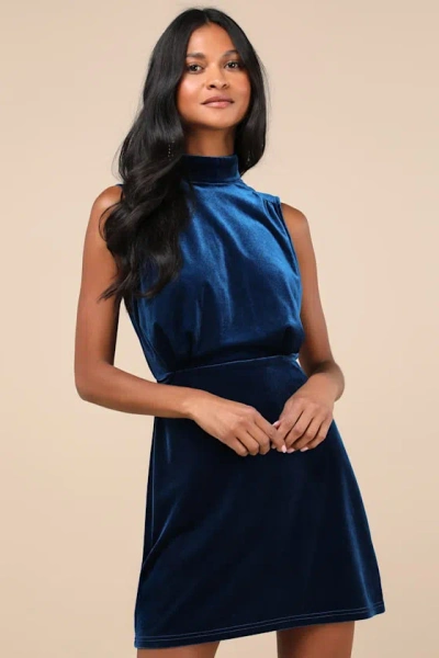 Lulus Gorgeous Darling Blue Velvet Sleeveless Mock Neck Mini Dres