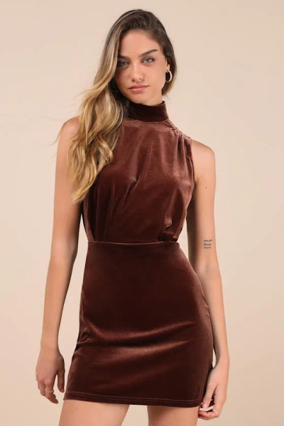 Lulus Gorgeous Darling Brown Velvet Sleeveless Mock Neck Mini Dress