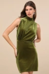 Lulus Gorgeous Darling Olive Velvet Sleeveless Mock Neck Mini Dress In Green