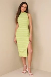 Lulus Gorgeous Delight Lime Green Textured Mock Neck Cutout Midi Dress In Green