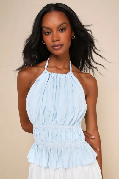 Lulus Gorgeous Design Light Blue Lace Ruffled Halter Top