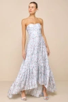 LULUS GORGEOUS DESIRE LIGHT BLUE FLORAL STRAPLESS HIGH-LOW MAXI DRESS