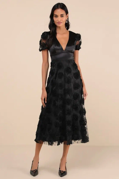 Lulus Gorgeous Elevation Black Lace Rosette Puff Sleeve Midi Dress
