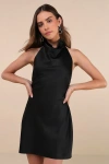 Lulus Gorgeous Endeavor Black Satin Halter Mini Slip Dress In Black