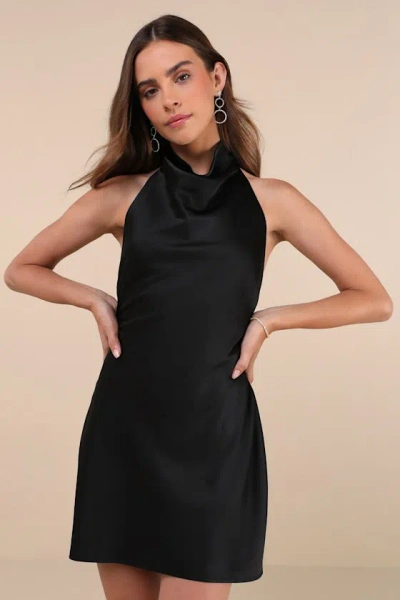Lulus Gorgeous Endeavor Black Satin Halter Mini Slip Dress