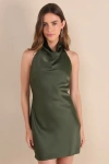 Lulus Gorgeous Endeavor Olive Green Satin Halter Mini Slip Dress In Olive Green