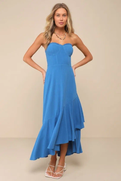 Lulus Gorgeous Event Blue Linen Ruffled Strapless Bustier Midi Dress