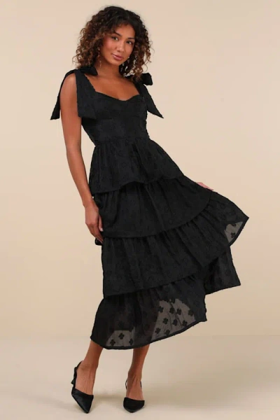 Lulus Gorgeous Excellence Black Floral Burnout Tiered Midi Dress
