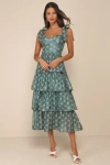 Lulus Gorgeous Excellence Teal Green Floral Burnout Tiered Midi Dress In Teal Green