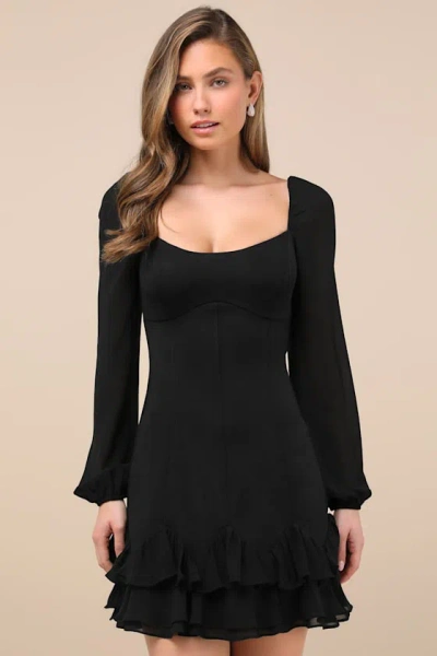 Lulus Gorgeous Expertise Black Ruffled Long Sleeve Mini Dress