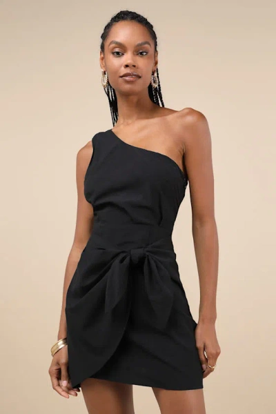 Lulus Gorgeous Garden Black One-shoulder Faux-wrap Mini Dress