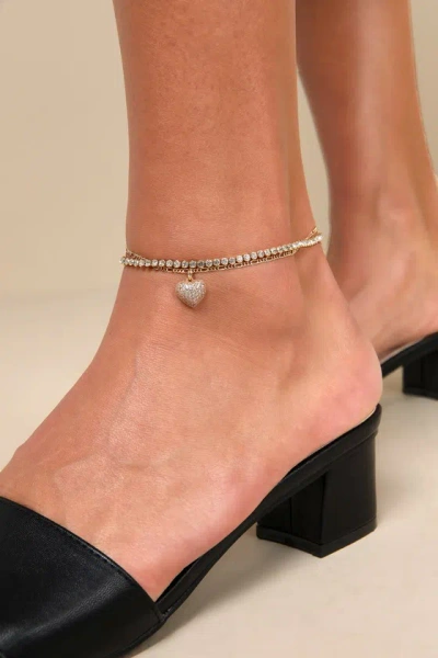 Lulus Gorgeous Glitter Gold Rhinestone Heart Two-piece Anklet Set