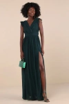 Lulus Gorgeous Goal Emerald Pleated Backless Surplice Maxi Dress In Green