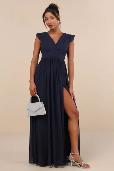Lulus Gorgeous Goal Navy Pleated Backless Surplice Maxi Dress