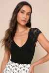 Lulus Gorgeous Inclination Black Lace Cap Sleeve V-neck Bodysuit In Black