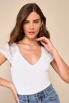 Lulus Gorgeous Inclination Ivory Lace Cap Sleeve V-neck Bodysuit In Ivory
