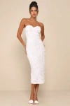 Lulus Gorgeous Mentality White 3d Floral Strapless Midi Dress In White