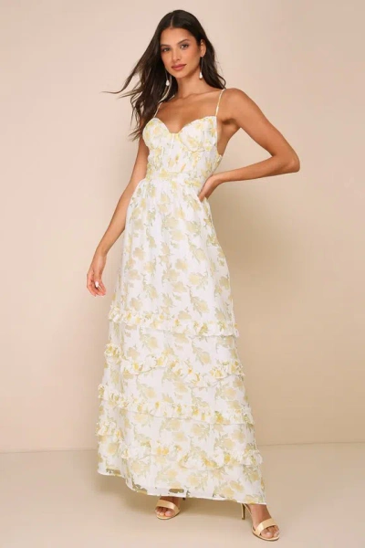 Lulus Gorgeous Occasion Cream Floral Burnout Lace-up Tiered Maxi Dress In White