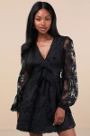 Lulus Gorgeous Outcome Black Mesh 3d Applique Long Sleeve Mini Dress In Black