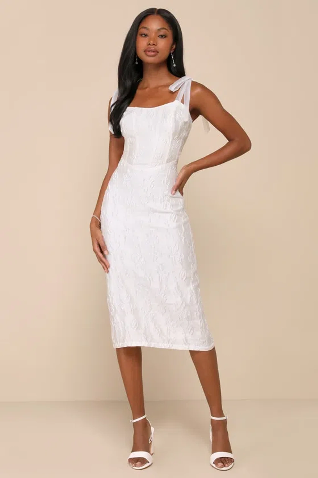 knee length dresses for ladies White Lace Tie Strap Sheer Trim Sleeveless Midi Dress