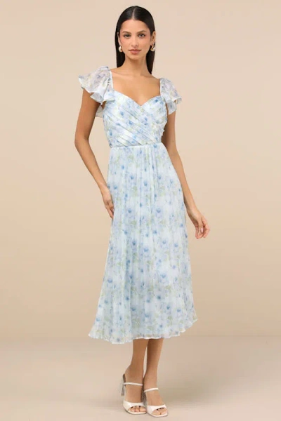 Lulus Gorgeous Presence Blue Floral Pleated Lace-up Midi Dress