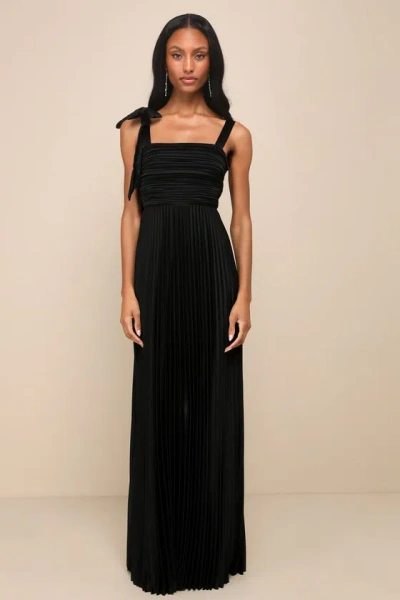 Lulus Gorgeous Purpose Black Satin Pleated Sleeveless Bow Maxi Dress
