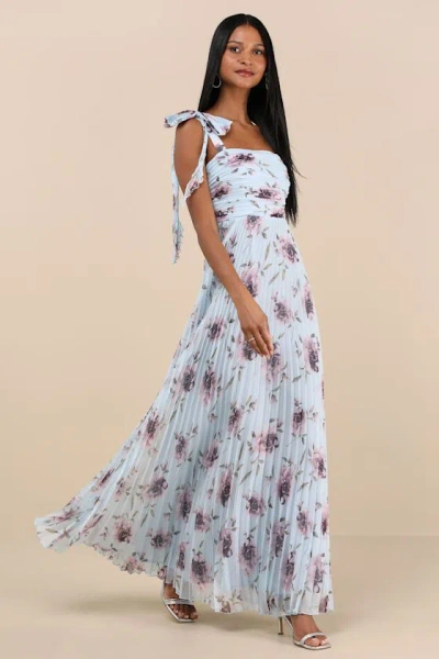 Lulus Gorgeous Purpose Blue Floral Pleated Sleeveless Bow Maxi Dress