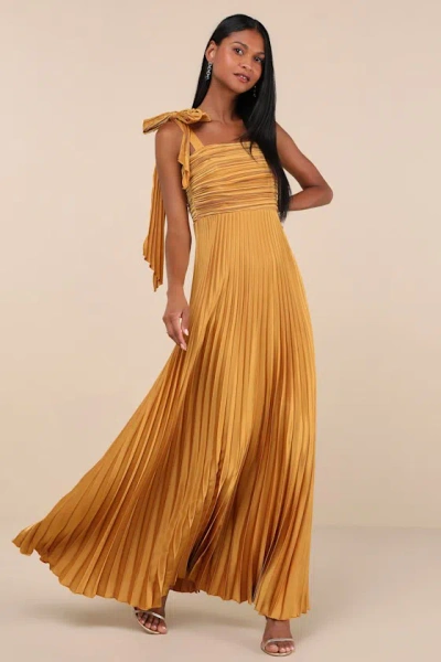 Lulus Gorgeous Purpose Gold Satin Pleated Sleeveless Bow Maxi Dress