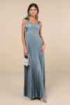 Lulus Gorgeous Purpose Slate Satin Pleated Sleeveless Bow Maxi Dress In Blue