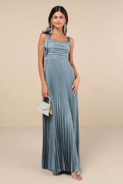 Lulus Gorgeous Purpose Slate Satin Pleated Sleeveless Bow Maxi Dress In Blue