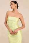 Lulus Gorgeous Reputation Lime Green Strapless Ruched Midi Dress In Green
