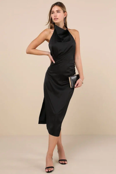 Lulus Gorgeous Season Black Satin Backless Midi Dress
