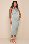 Lulus Gorgeous Season Sage Green Satin Backless Midi Dress In Sage Green