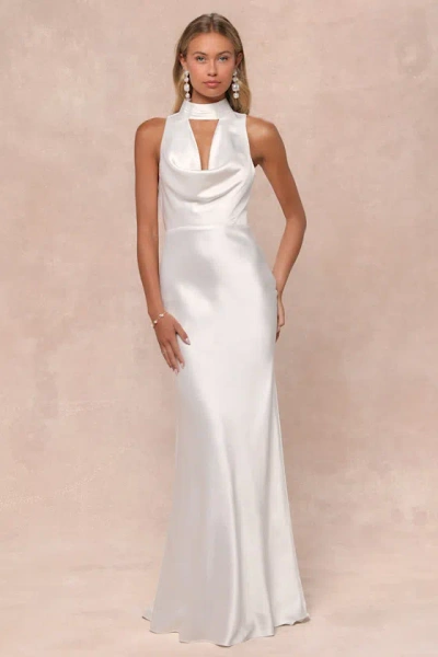 Lulus Gorgeous Vow White Satin Mock Neck Cowl Mermaid Maxi Dress