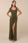 Lulus Gorgeous Whimsy Olive Pleated Off-the-shoulder Maxi Dress In Green