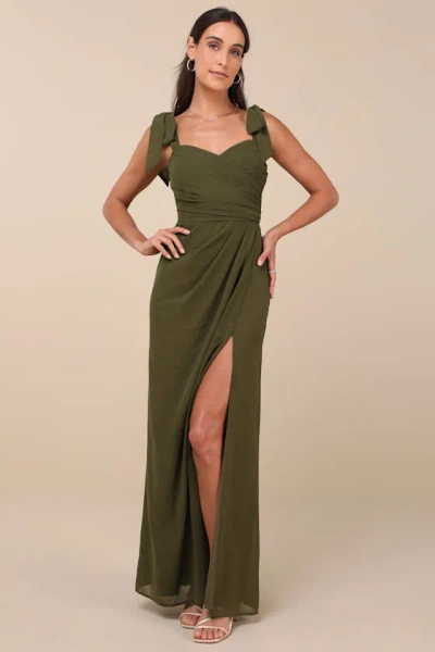 Lulus Gorgeous Whimsy Olive Pleated Off-the-shoulder Maxi Dress In Green