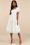 Lulus Gorgeously Romantic Ivory Lace Puff Sleeve Tiered Midi Dress In Ivory