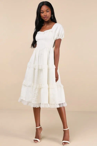Lulus Gorgeously Romantic Ivory Lace Puff Sleeve Tiered Midi Dress