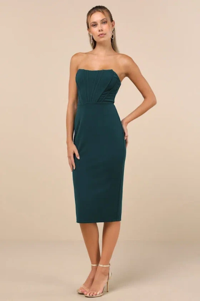 Lulus Gorgeously Sultry Emerald Green Bustier Strapless Midi Dress