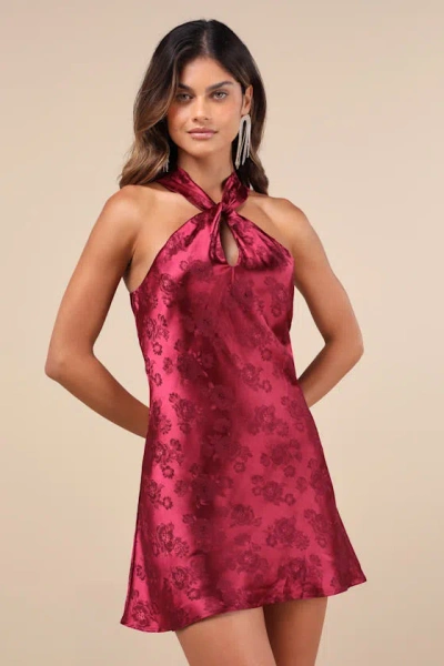 Lulus Got The Key Burgundy Satin Floral Jacquard Halter Mini Dress