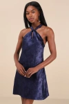 Lulus Got The Key Navy Satin Floral Jacquard Halter Mini Dress In Navy