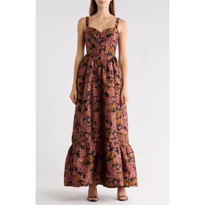 Lulus Grace Corset Brocade Maxi Dress In Brown